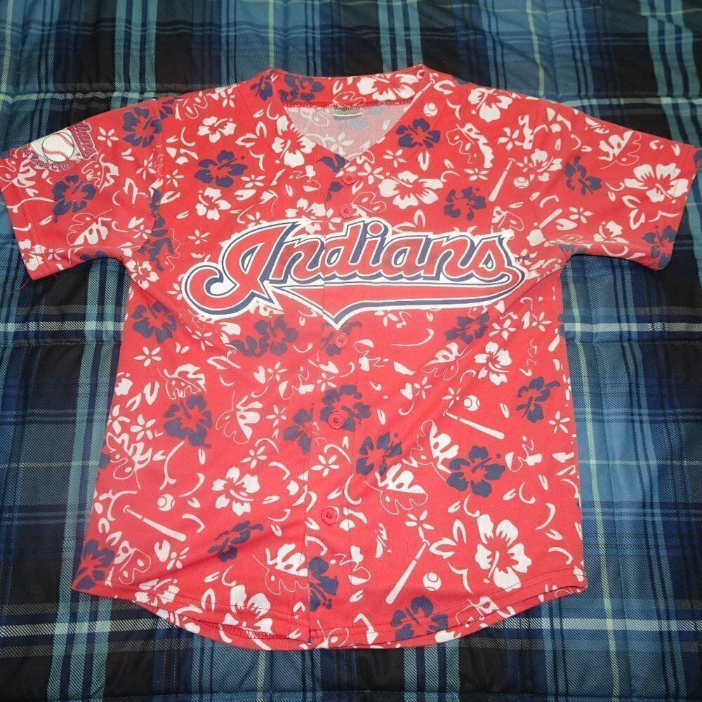 MLB Cleveland Indians Red Button Down Promo Hawaiian Shirt Size Youth large